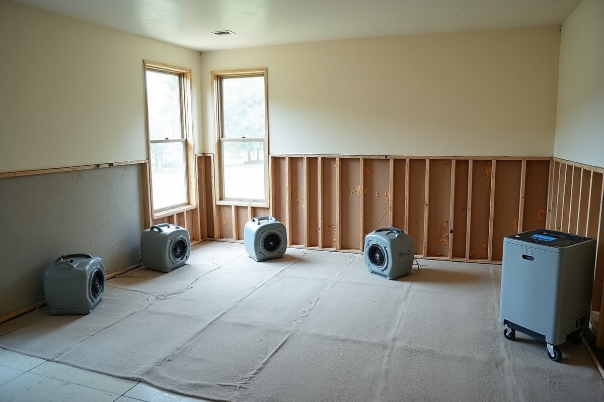Room with the lower walls opened to the studs and air movers and a dehumidifier running