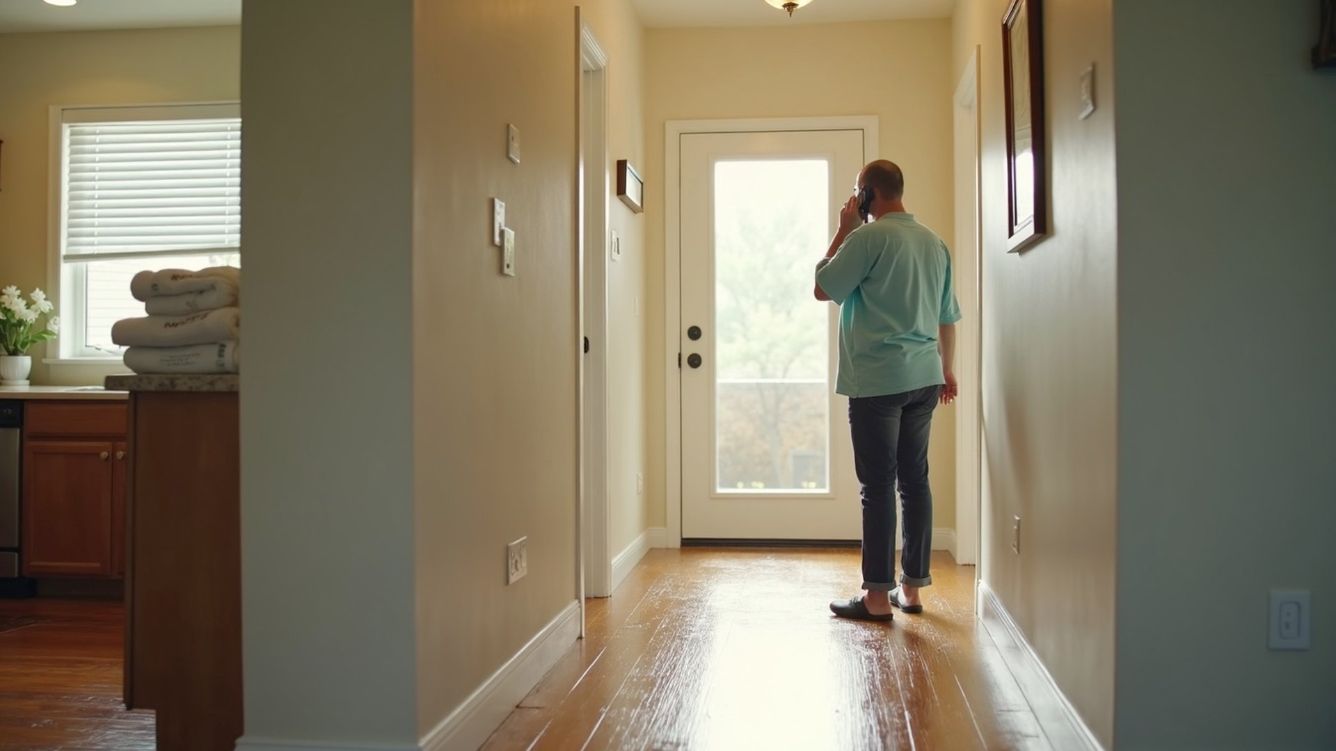 Person standing in a hallway talking on the phone, facing an open back door