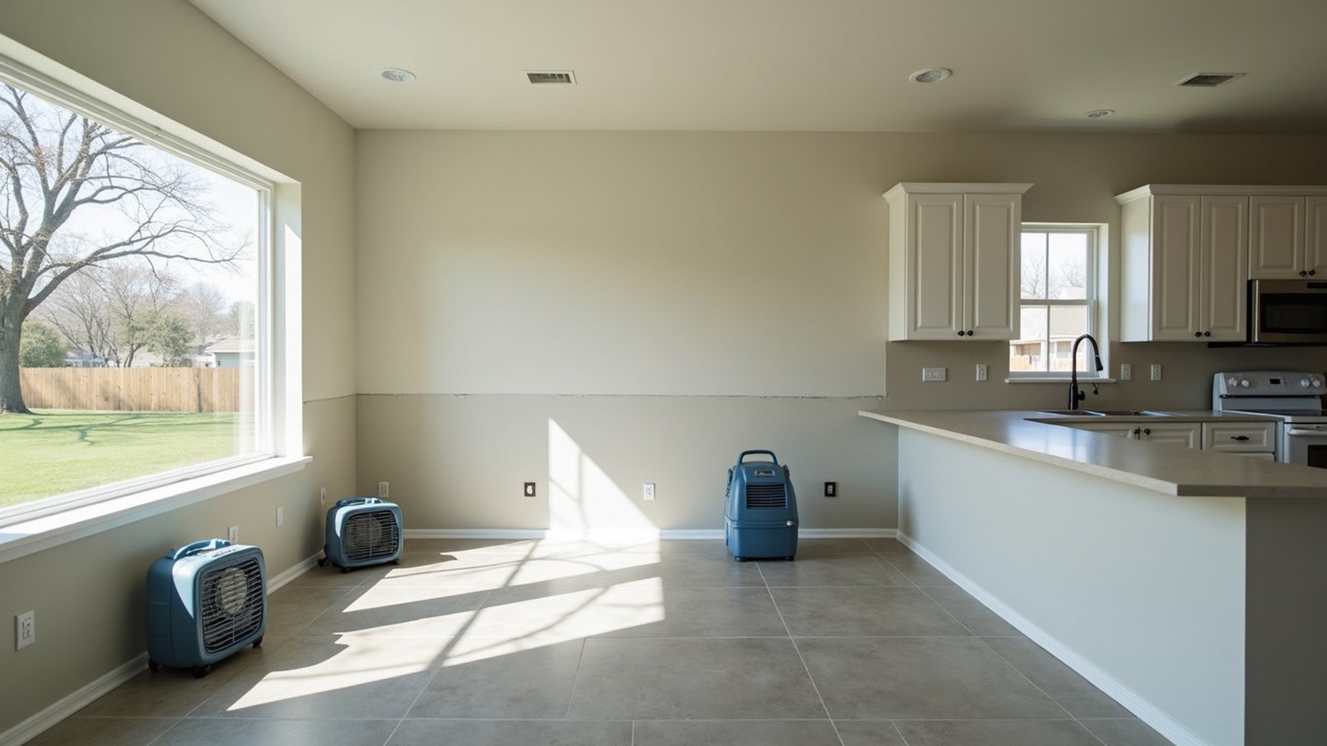 Open kitchen and living area with air movers and a dehumidifier drying the tile floor